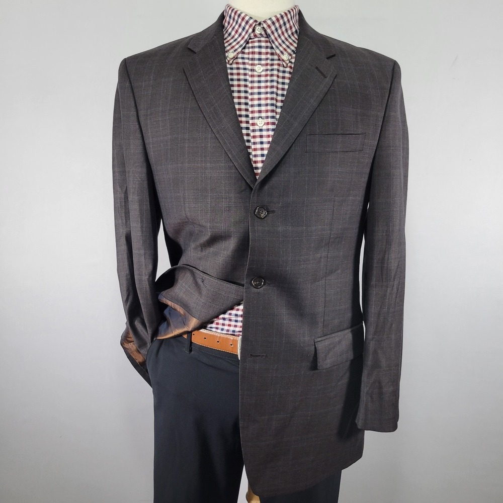 Calvin Klein Men's Sport Coat Blazer Three Button Dark Brown Plaid Wool Size 40L